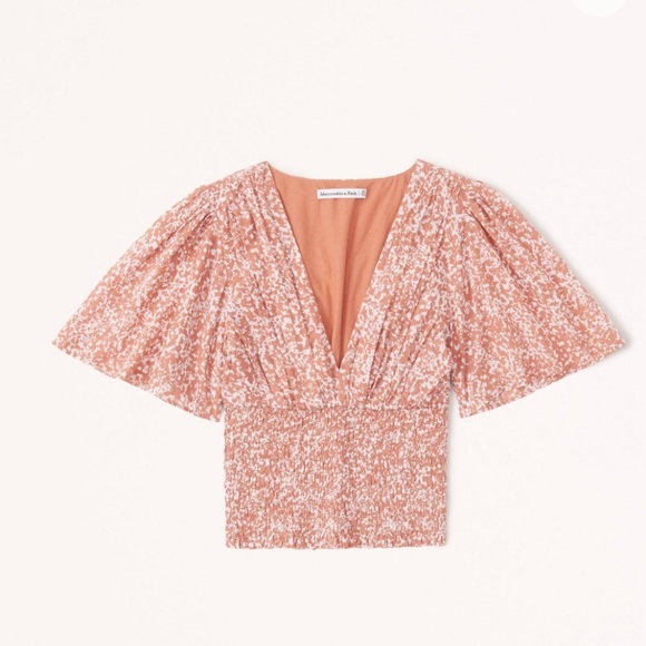 Abercrombie & Fitch Tops - Abercrombie and Fitch Flutter Sleeve Smocked Waist Top in Coral Print L